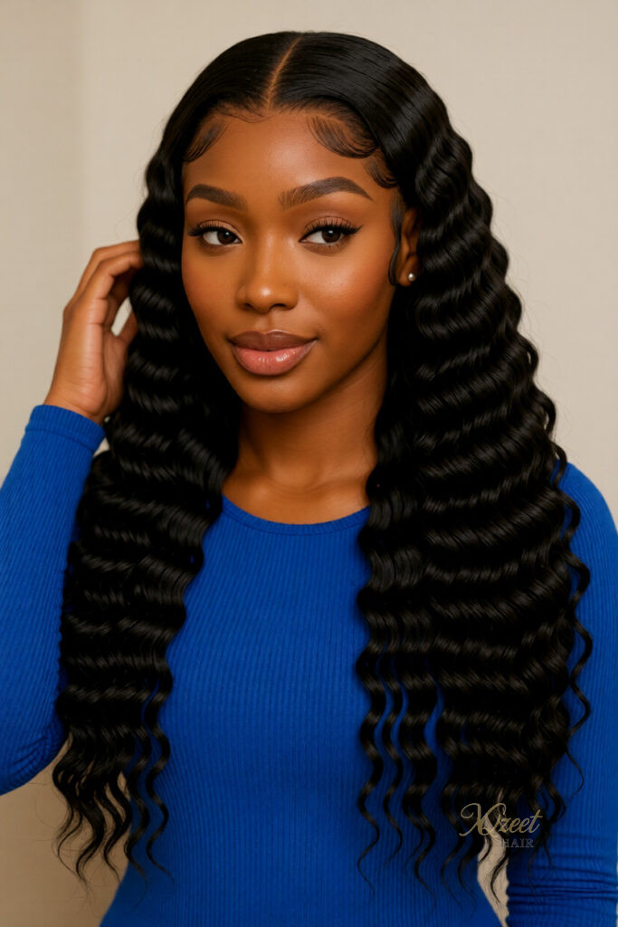 XQzeet Pre-Plucked 13X4 Lace Frontal #1B Deep Wave